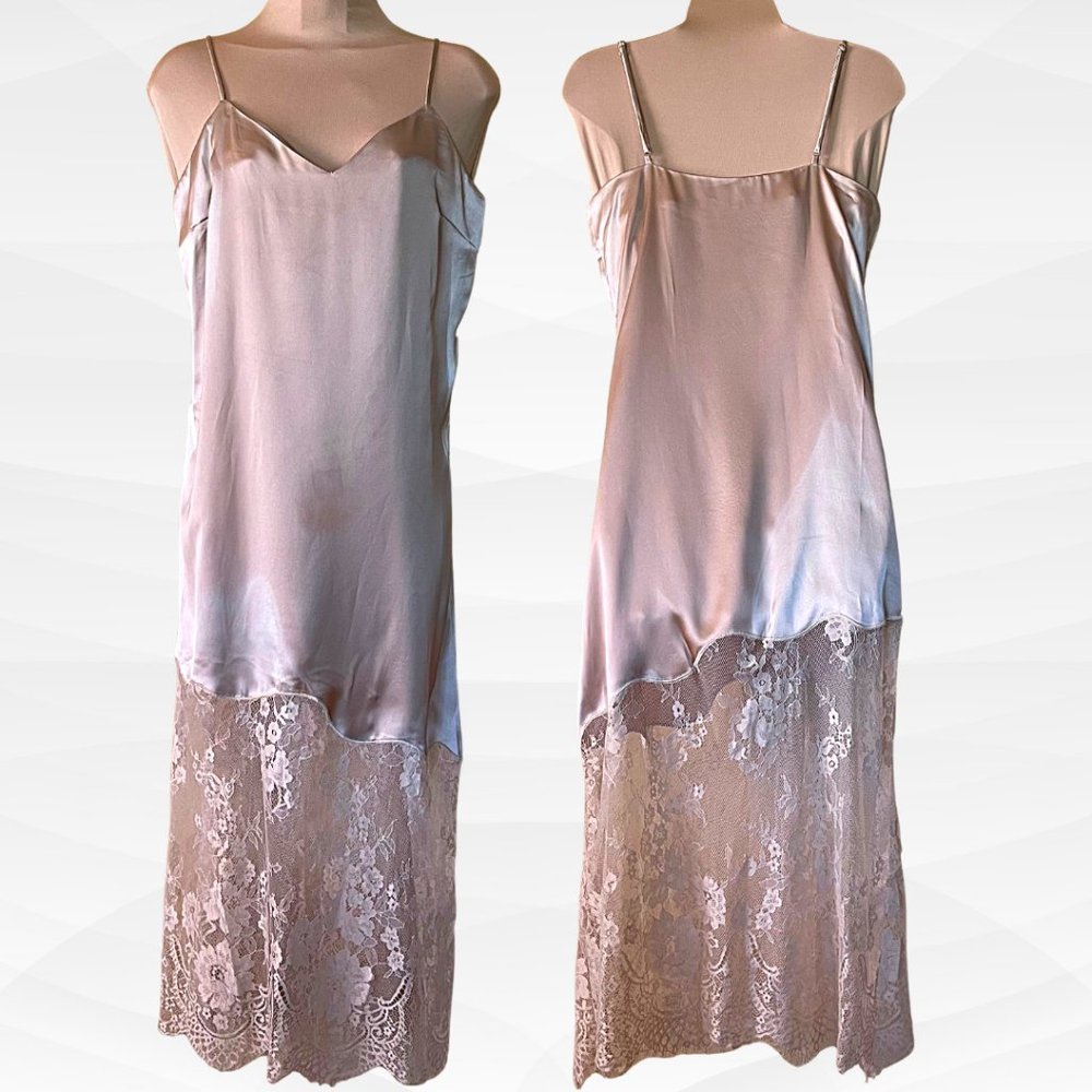 E.SSSUE Satin & Lace Spaghetti Strap Slip Dress, Champagne Tan, Size S